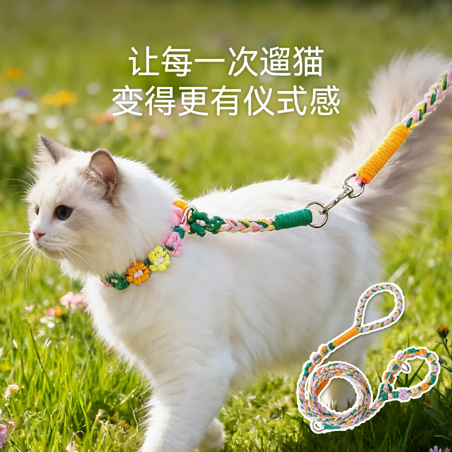 猫咪牵引绳手工编织项圈套装双限位调节防挣脱遛猫绳子宠物牵引绳