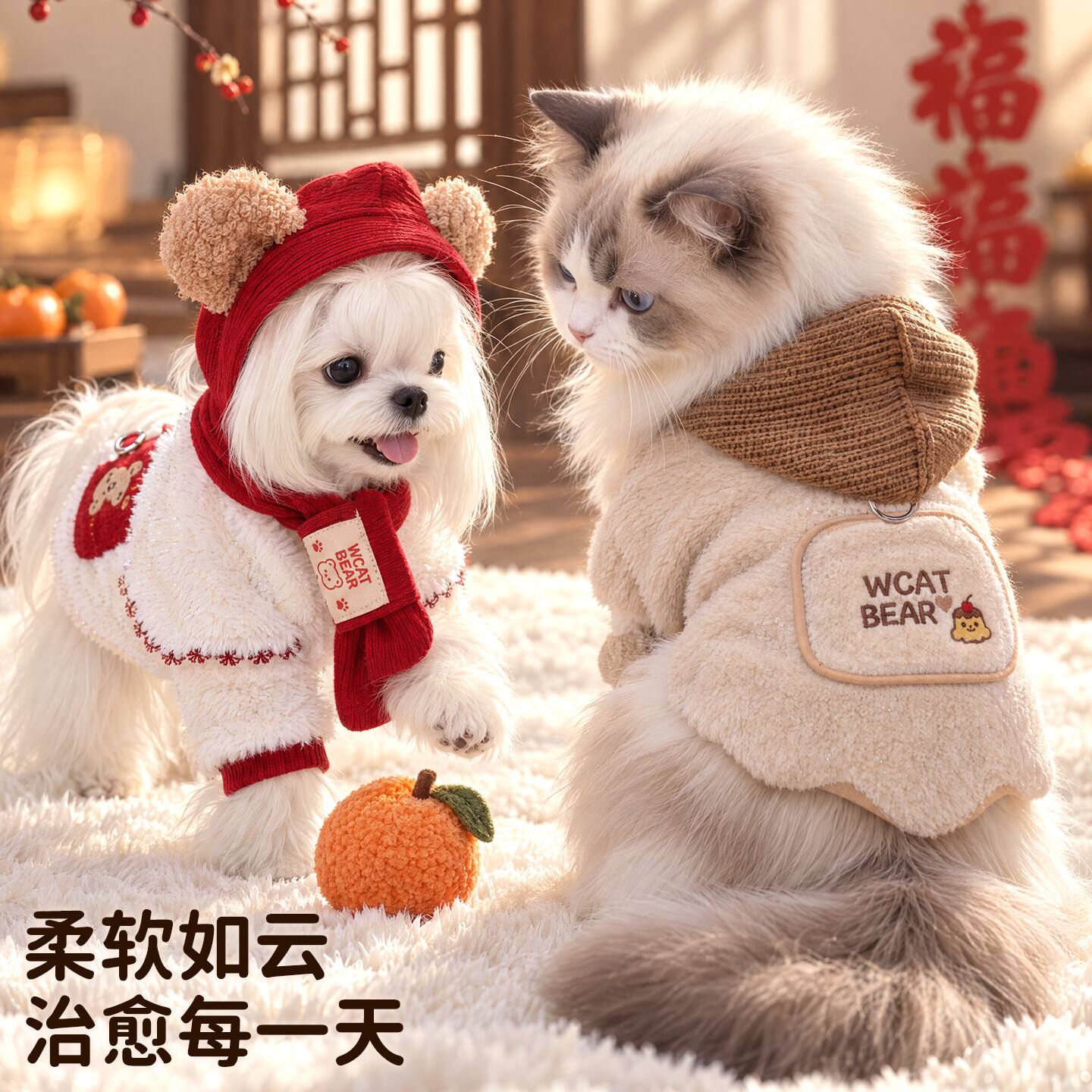 秋冬狗衣服焦糖口袋毛绒保暖衣比熊小鹿犬小型犬宠物衣服帽子套装