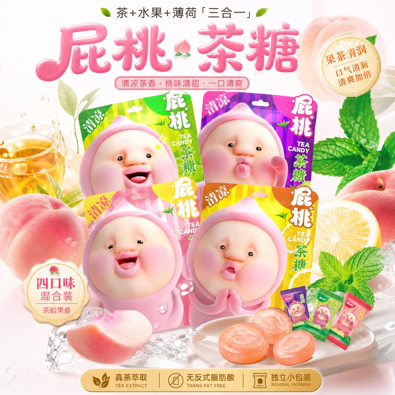 zuo一下屁桃水果茶糖薄荷糖网红糖果水果糖清新口气润喉休闲零食