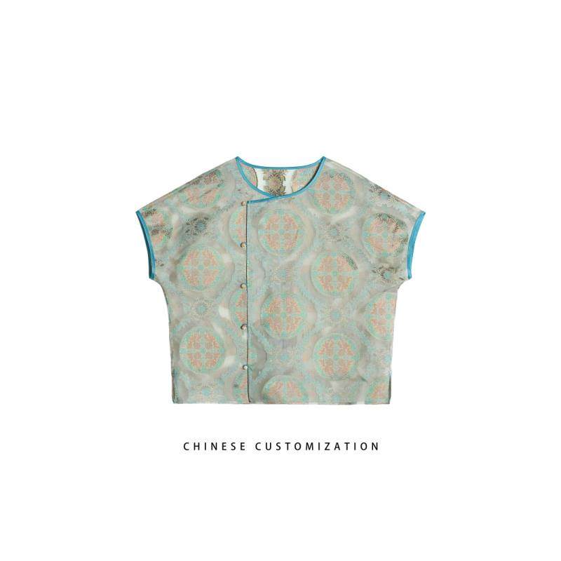 【大娇来了】重工超奢 客订满分桑蚕丝剪花宋锦！中式短袖25LY392