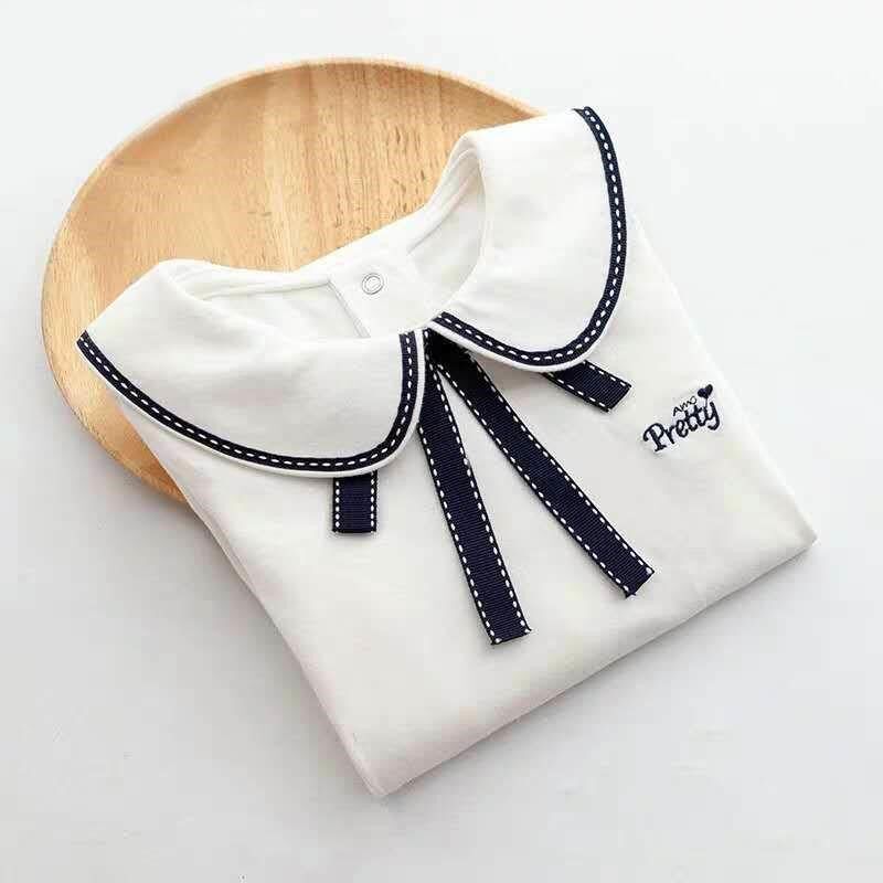 。女童白色T恤春秋装新款童装女孩翻领打底衫儿童学院风长袖上衣