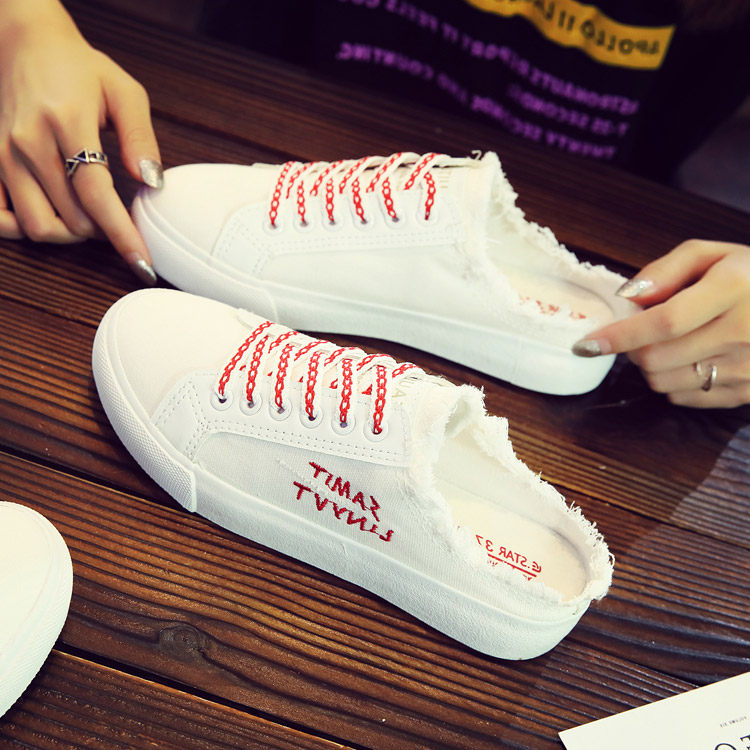 春季半拖小白鞋女2024新款百搭韩版透气无跟懒人鞋一脚蹬帆布鞋女