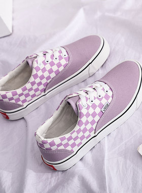 2025年新款春季薄款韩版ulzzang百搭学生紫色棋盘格平底帆布鞋女