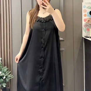 冰絲黑色顯瘦大碼 帶胸墊性感純欲風吊帶裙睡衣蕾絲花邊夏季 家居服