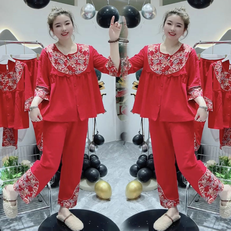 本命年大红色中国风睡衣女纯棉大码宽松高级感新中式家居服可外穿