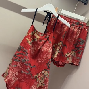 中国风复古印花系带肚兜短裤 家居服 睡衣夏季 性感挂脖吊带露背大码