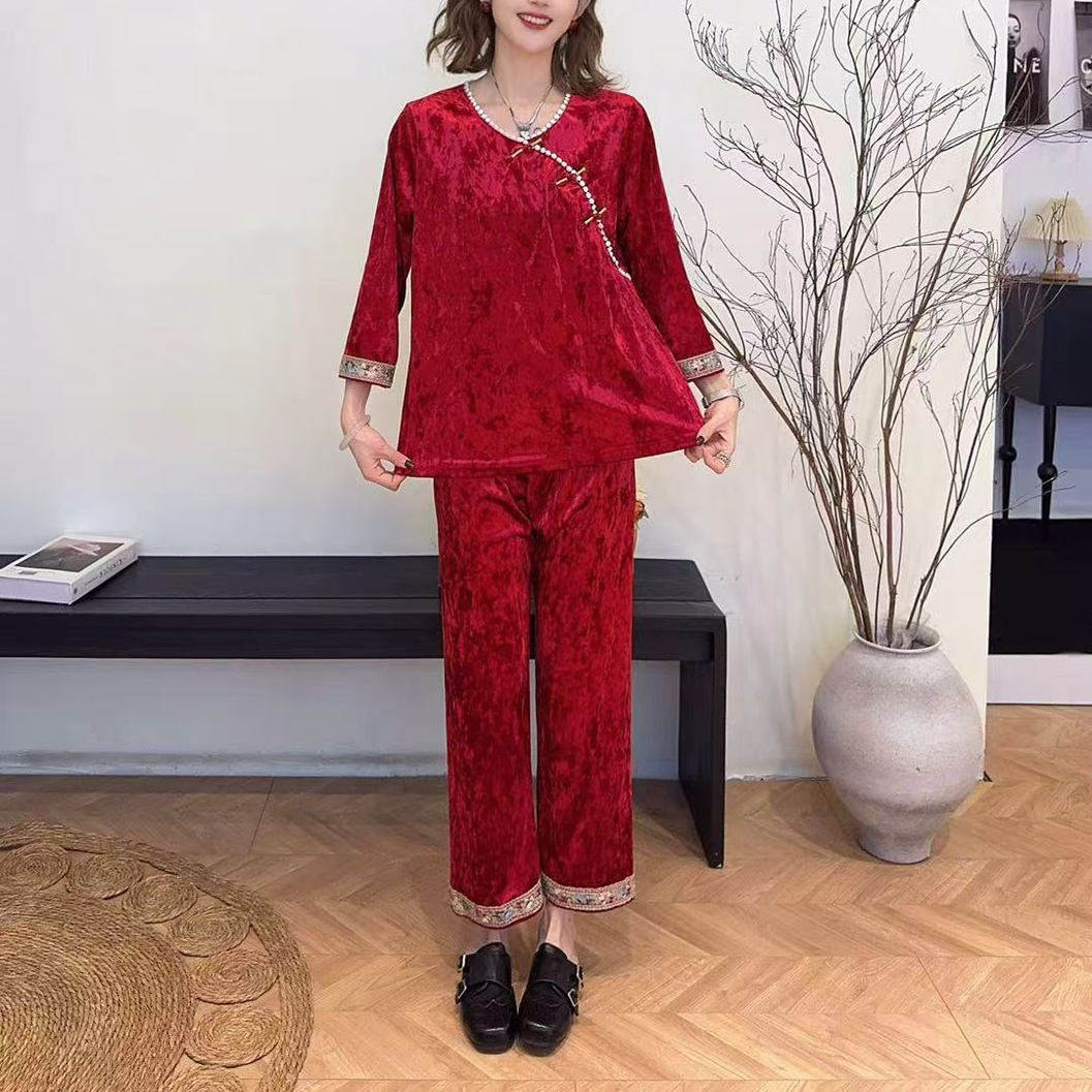 新中式国风复古盘扣钻石绒高级感睡衣女秋冬大码洋气质时尚家居服