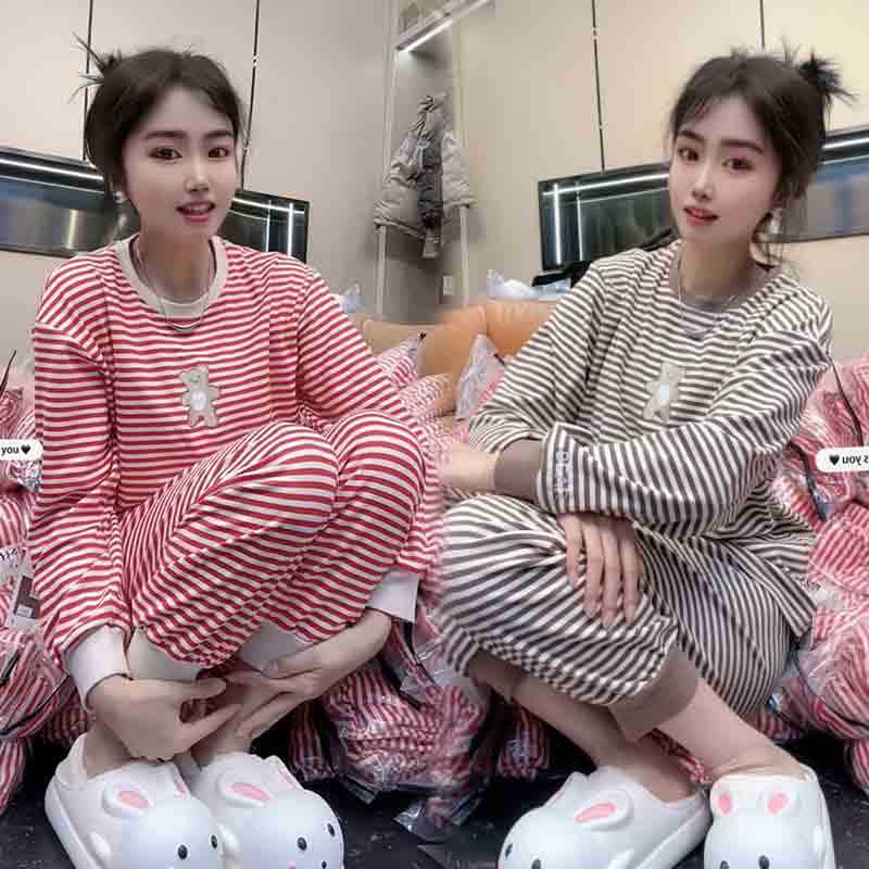 秋冬大码条纹长袖睡衣加厚德绒网红卡通小熊韩版宽松家居服可外穿,女士内衣/男士内衣/家居服,睡衣/家居服套装,淘宝优惠券,粉丝福利购,淘宝优惠卷