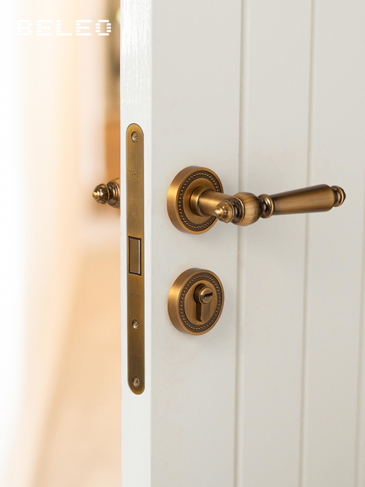 贝雷欧法式卧室分体磁吸静音门锁室内轻奢房间木门黄古铜双开把手