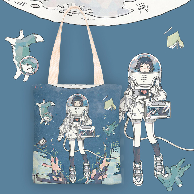 个性卡通帆布包女单肩宇航女孩百搭ins学生休闲手提袋单肩包
