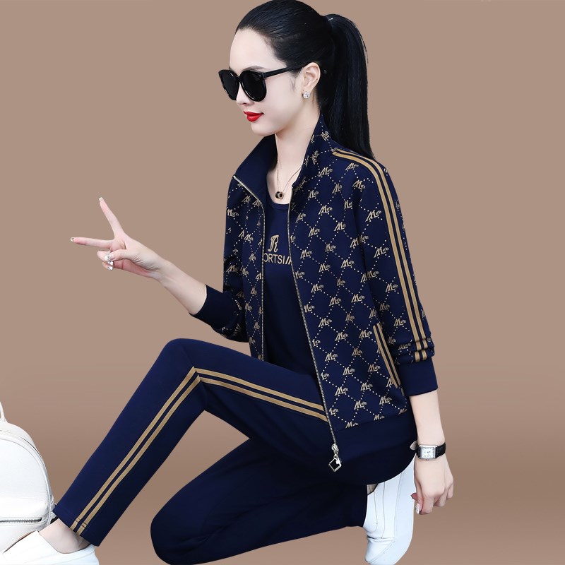 迈耐克斯运动服套装女秋季新款休闲大码三件套中年时尚妈妈跑步服
