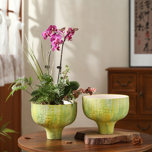 复古中式高脚陶瓷花盆室内桌面文心兰黄金竹蝴蝶兰通用种植装饰盆