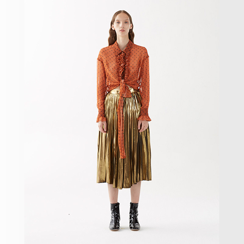 damowang金色复古百褶半身裙