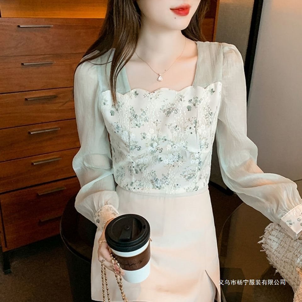 洋气碎花甜美雪纺衫女气质纱网拼接方领长袖2026春季新款
