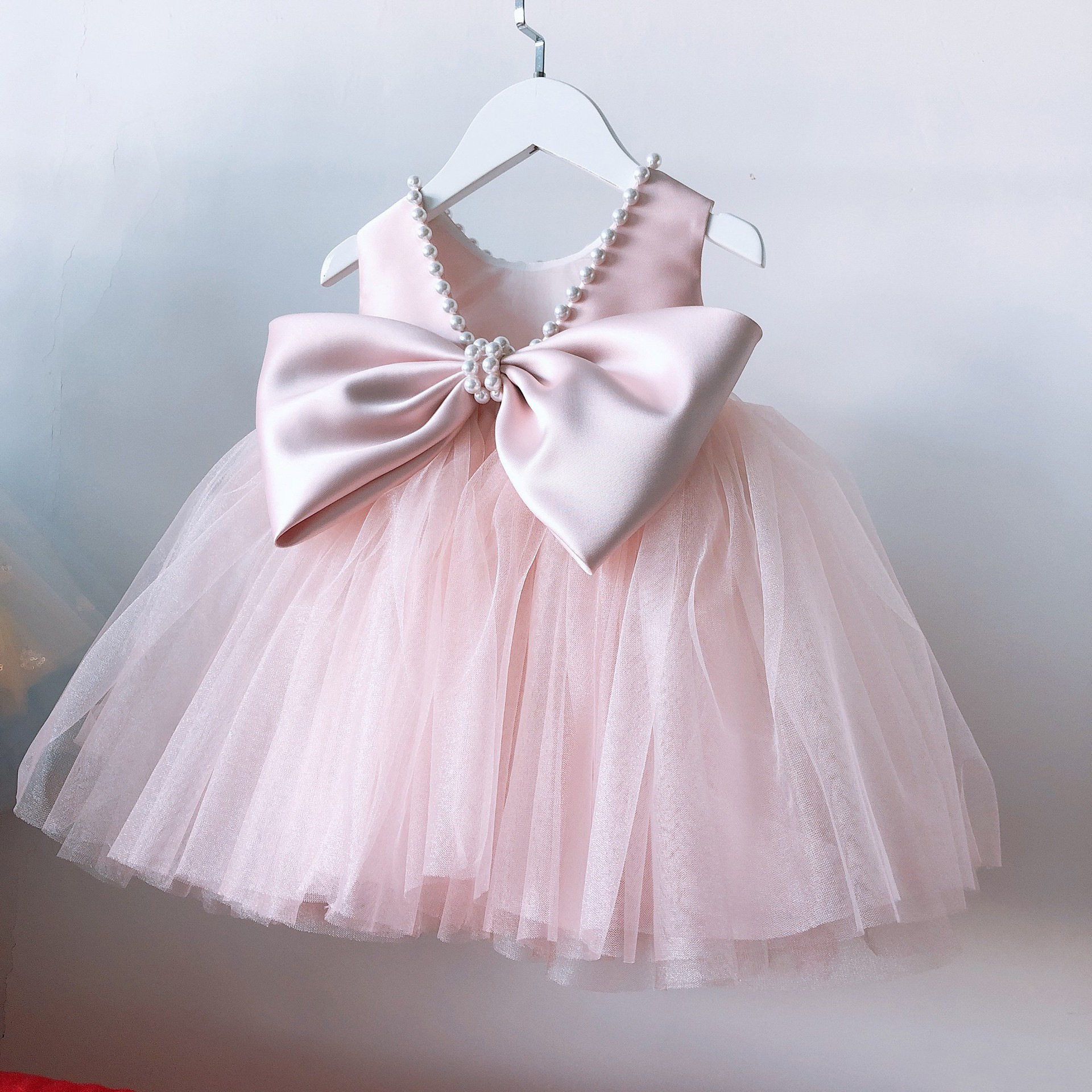 儿童礼服粉色露背蝴蝶结女宝宝生日周岁女童公主裙公主风露背款