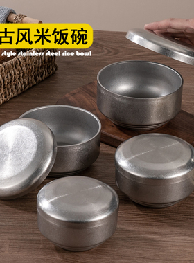 韩式复古304双层不锈钢米饭碗带盖碗做旧工业风餐碗日式料理汤碗