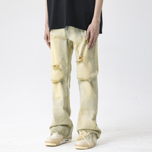 新因素高腰破洞黄泥染牛仔裤水洗复古做旧微喇美式高街潮男女同款