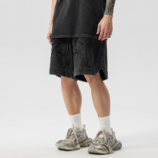 男款 高街蜘蛛贴布拼接开叉宽松五分裤 夏 街头短裤 PilotDragon美式