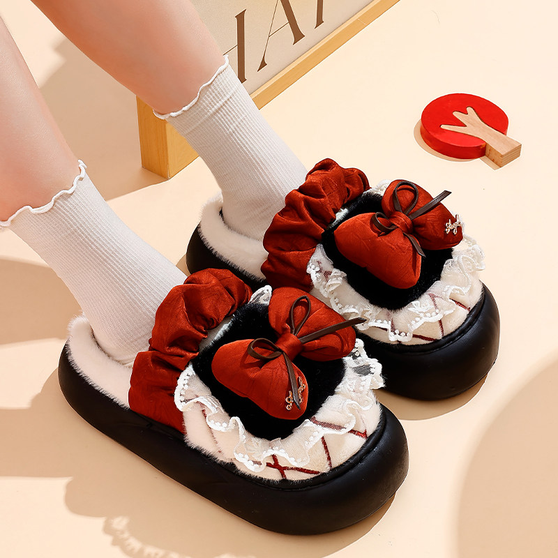 新款冬季拖鞋蝴蝶结可爱棉拖鞋秋冬室内家居防滑保暖加绒创意棉鞋