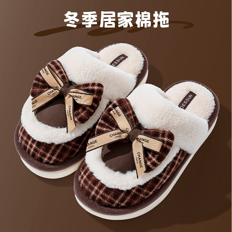 毛绒棉拖鞋女士冬季2025新款家居室内保暖防滑成人蝴蝶结可爱棉拖