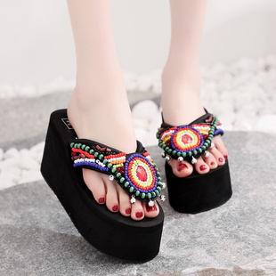 海边网红坡跟防滑百搭人字拖凉鞋 民族风拖鞋 沙滩鞋 女夏季 外穿时尚