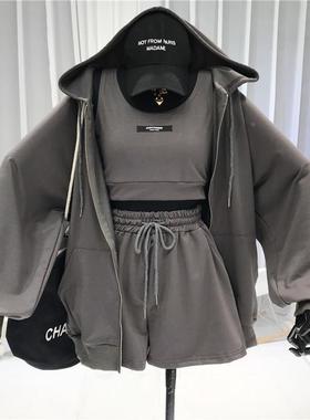 Women 3 Pieces Sports Tracksuit Set Solid Longs Sleeve Hoode