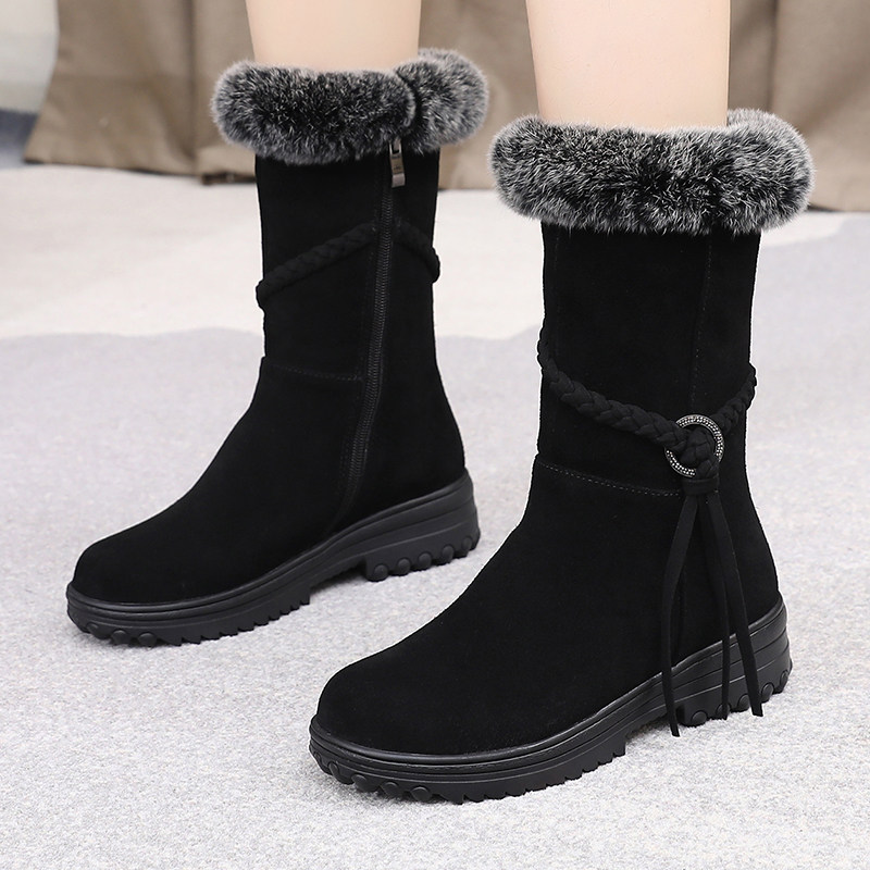 真皮雪地靴女2022新款冬季翻毛皮加绒中筒棉鞋女平底保暖厚绒百搭