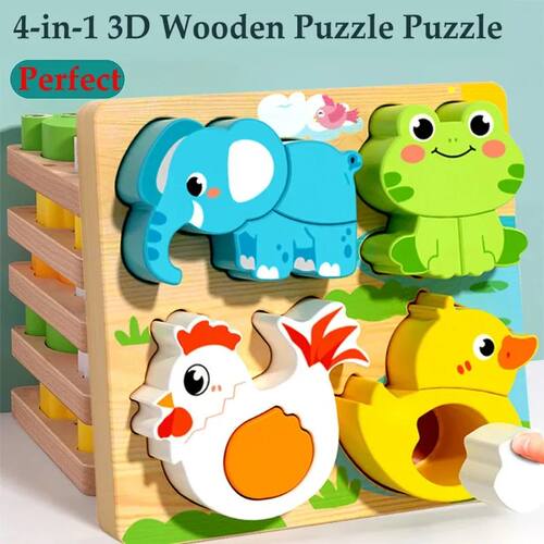 Four-in-one Wooden Toy, 3D Wooden Puzzle, Cartoon Animal, Co