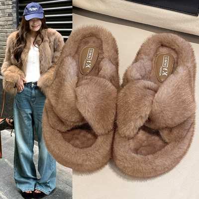厚底一字水貂毛毛拖鞋女外穿百搭