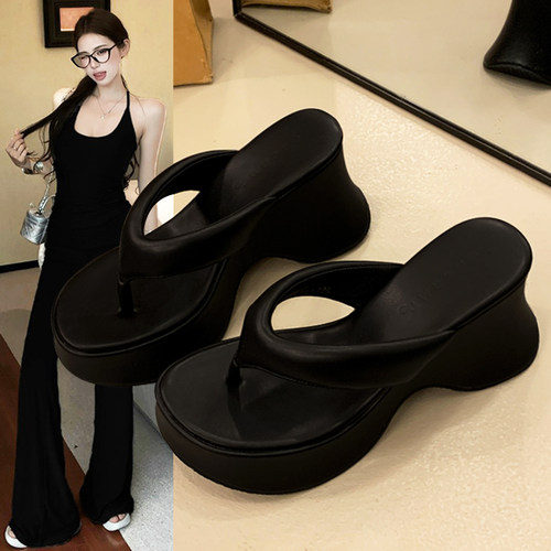 优兰意坡跟厚底高跟人字拖鞋外穿