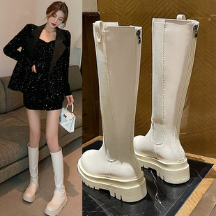 白色长靴女2025年冬季新款加绒高筒骑士靴中筒靴厚底烟筒靴子显瘦