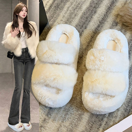优兰意加厚保暖一字毛毛拖鞋女潮