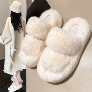 2025秋冬季一字带加绒保暖厚底毛毛拖鞋女外穿小个子高跟ins棉拖