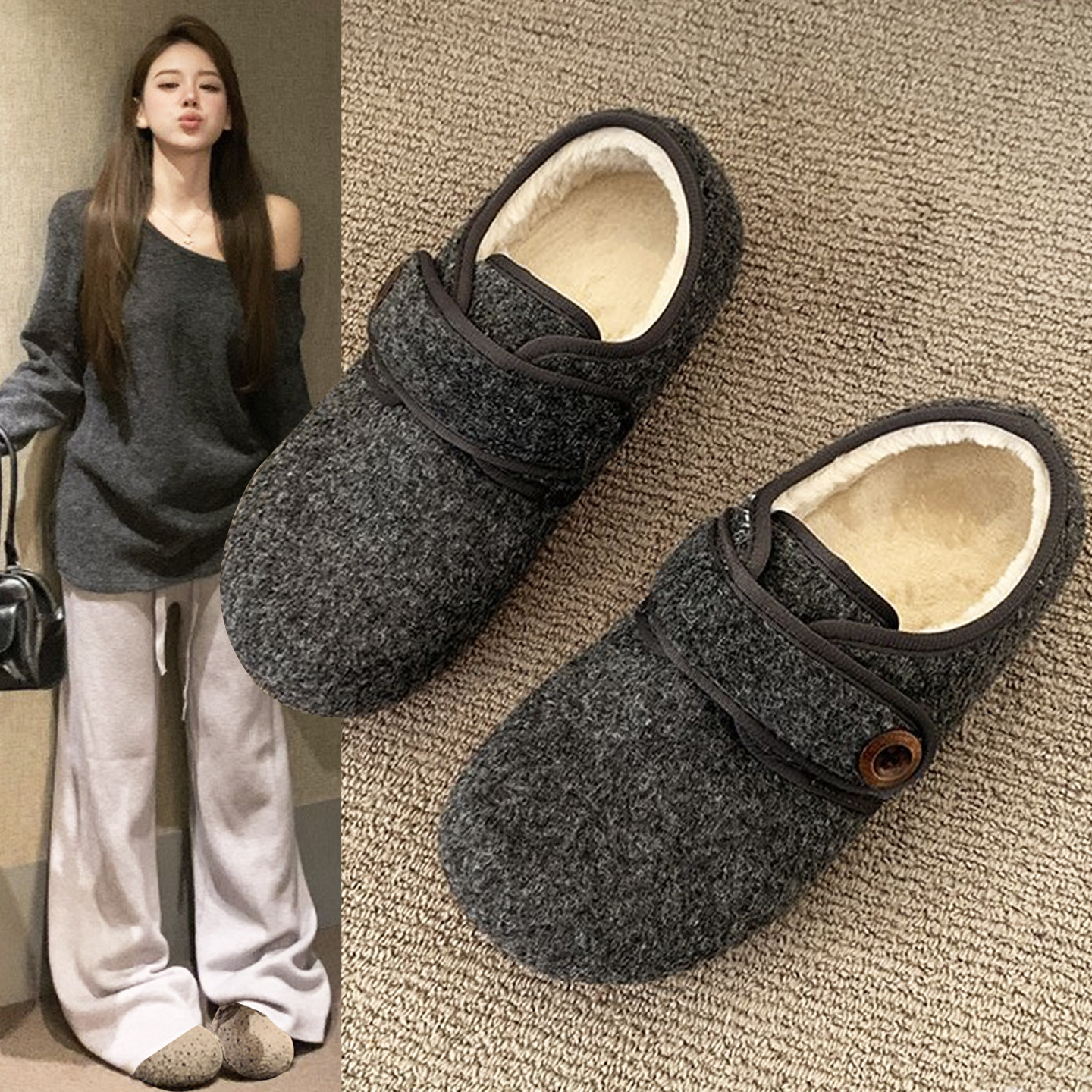 优兰意内增高勃肯棉鞋时尚毛毛鞋