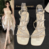 水钻凉鞋 子 粗高跟一字带绑带蛇形缠绕女士罗马鞋 女2025年夏季 新款