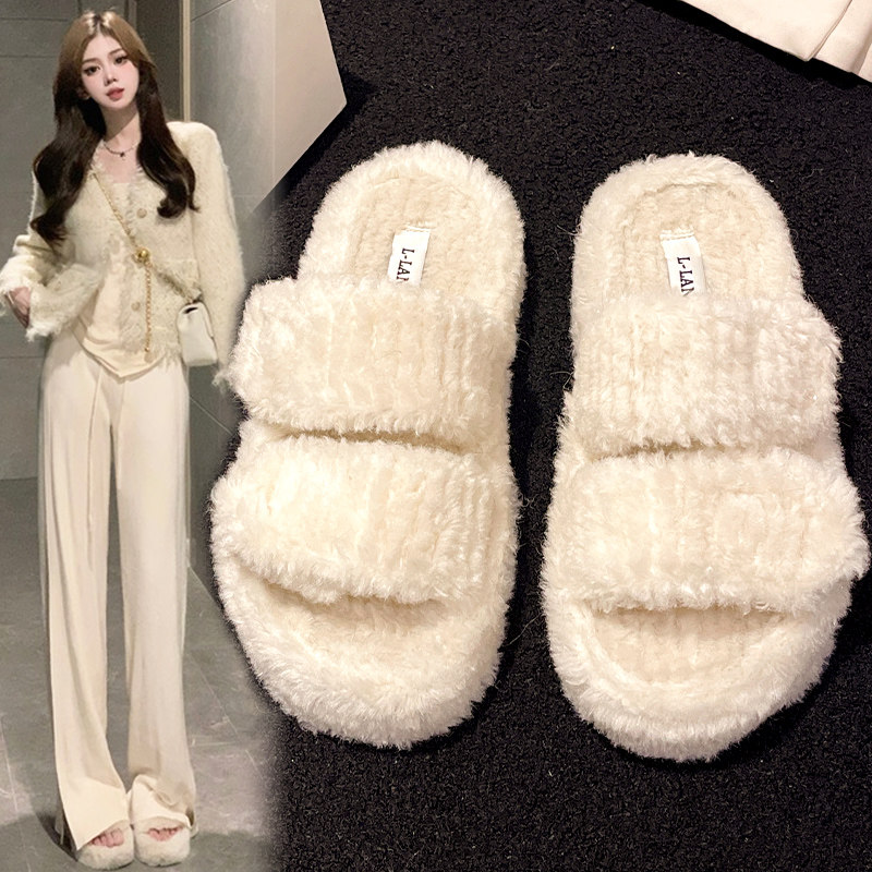 网红厚底双杠毛毛拖鞋女外穿2026年新款秋冬季韩版仙女风懒人棉拖