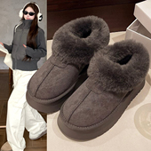 灰色低帮雪地靴女冬季 2025加绒加厚毛毛厚底一脚蹬懒人东北大棉鞋