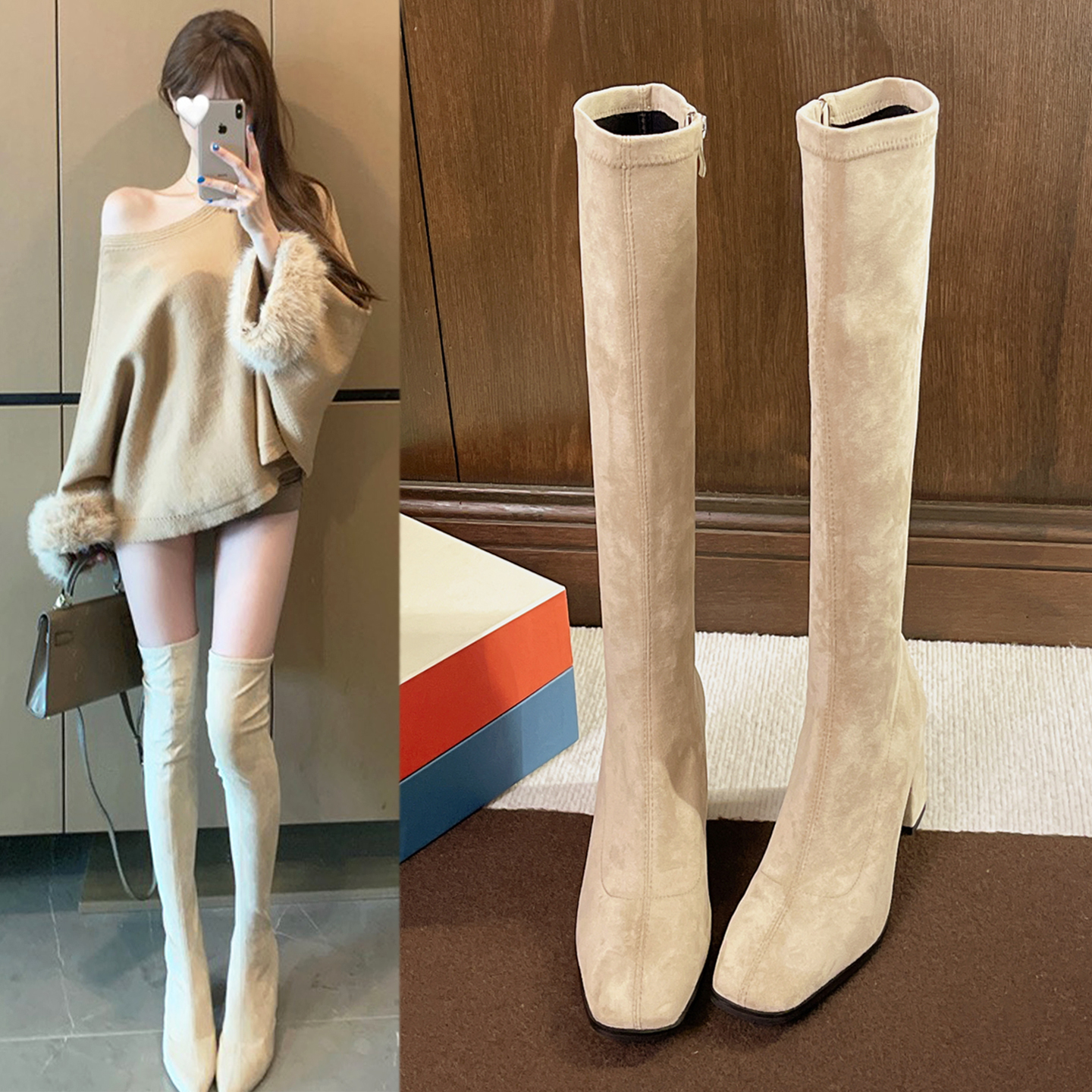 优兰意粗高跟长筒过膝时装瘦瘦靴