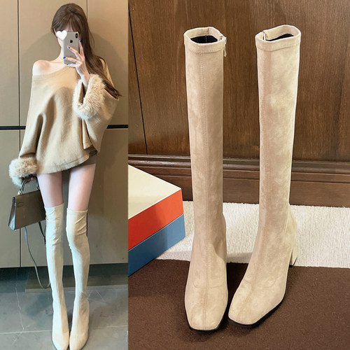 优兰意粗高跟长筒过膝时装瘦瘦靴