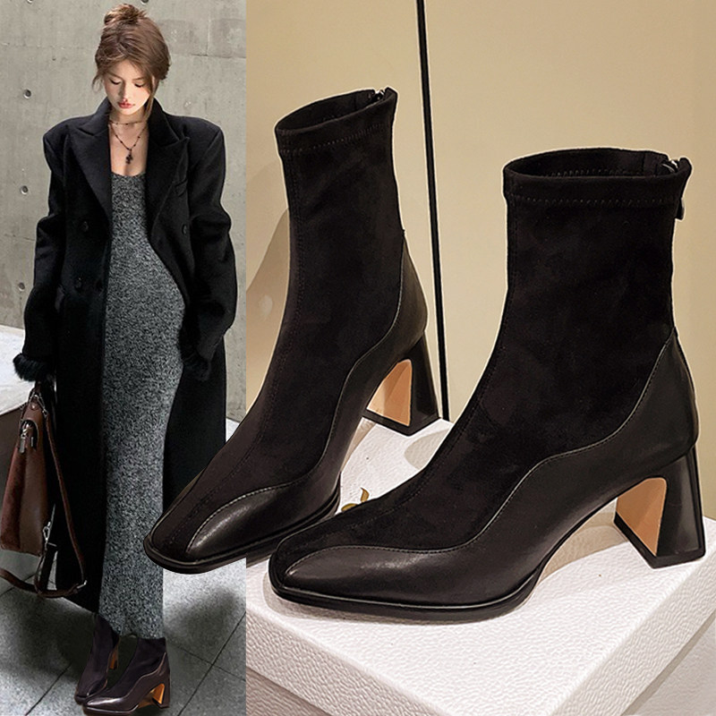 法式复古拼接瘦瘦弹力靴女2025秋冬气质百搭粗高跟短筒马丁靴袜靴,女鞋,时装靴,淘宝优惠券,粉丝福利购,淘宝优惠卷