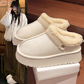 民族风一脚蹬加绒保暖增高懒人棉鞋 厚底毛毛雪地靴女冬季 2025新款