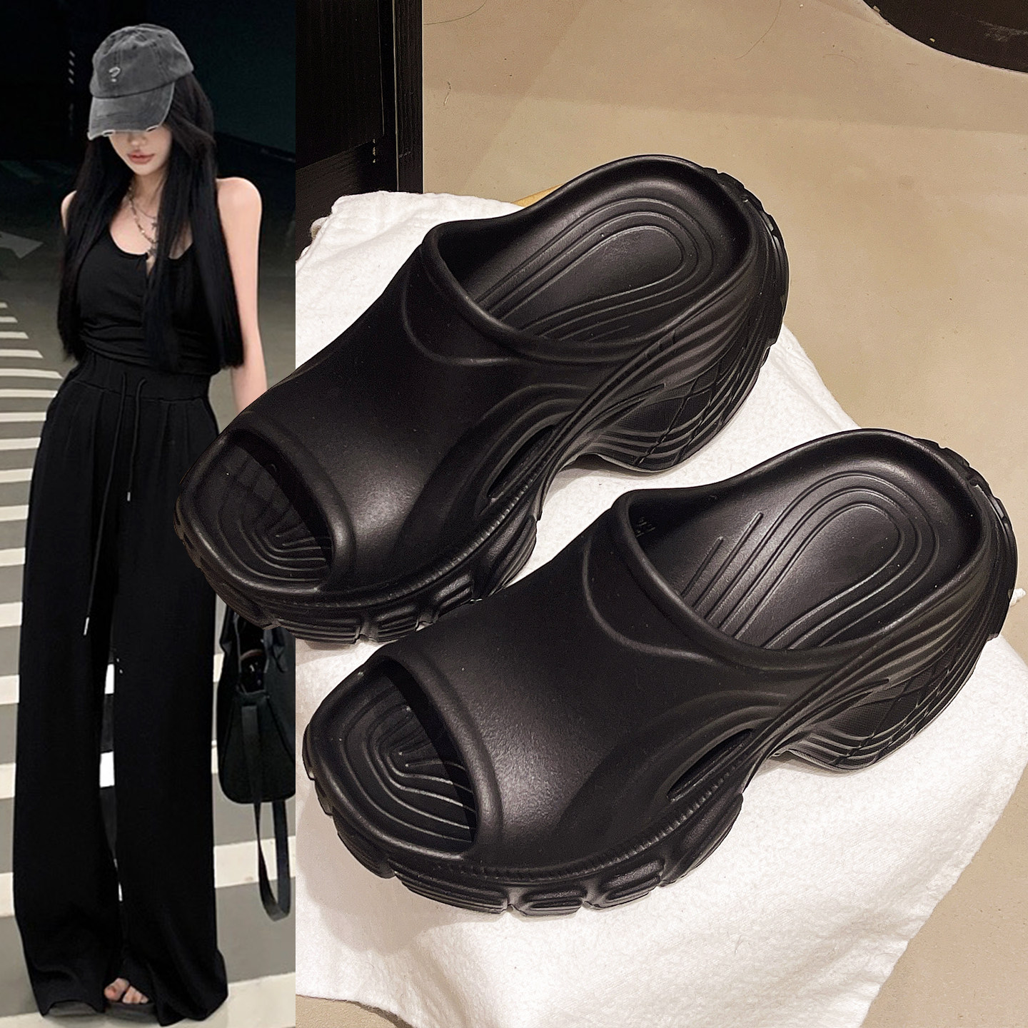 坡跟厚底一字拖鞋女夏季外穿2026新款小个子增高时尚沙滩度假凉拖