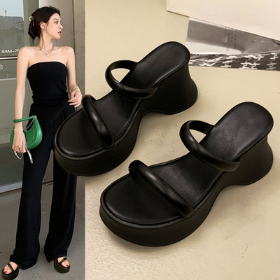 优兰意坡跟网红厚底人字凉拖鞋女