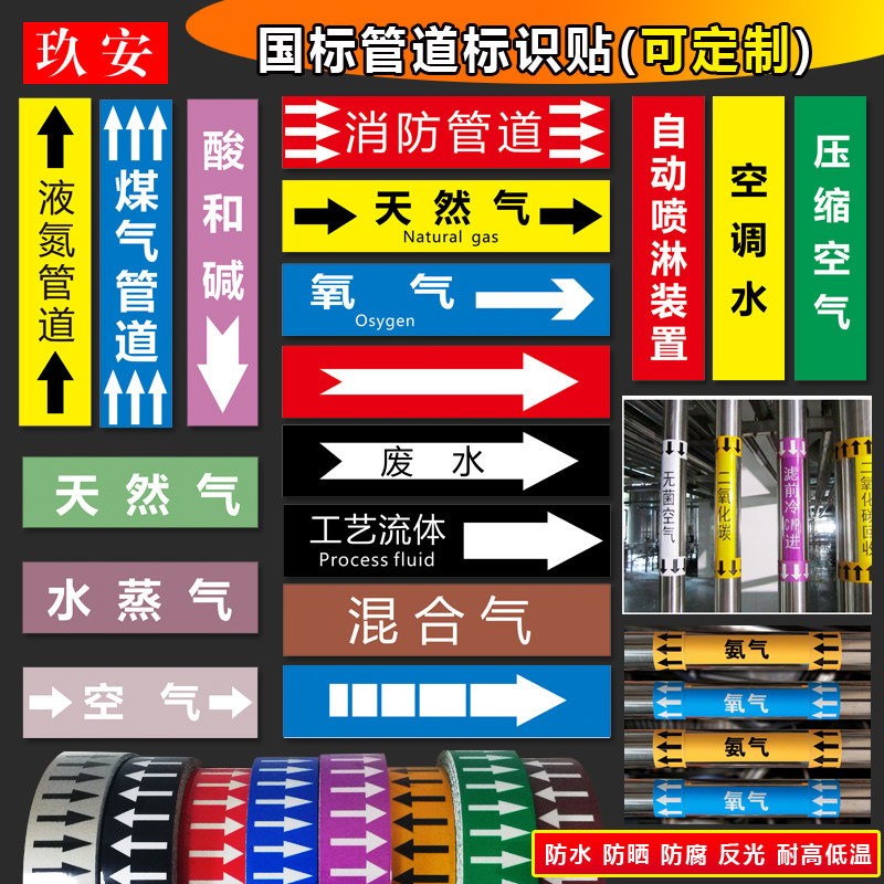 管道标识流向箭头 反光膜工业反光管道色环标签贴标贴不干胶胶带贴纸定制定做订做