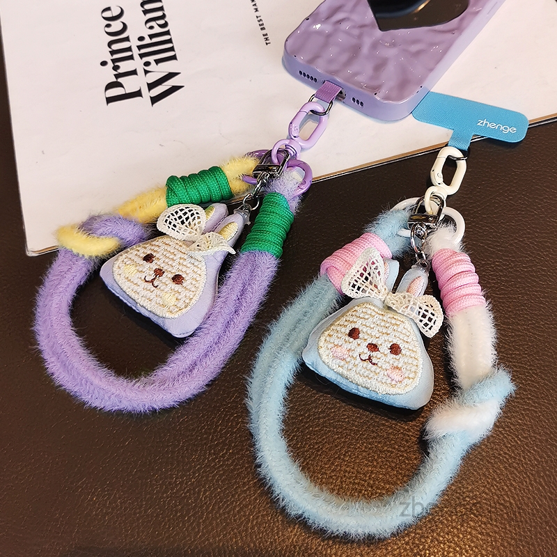 虹客手机挂绳毛绒手腕小兔玩偶挂件短款秋冬季户外登山旅游行逛街防丢摔手提链电话套壳拇指环吊绳女时尚新品