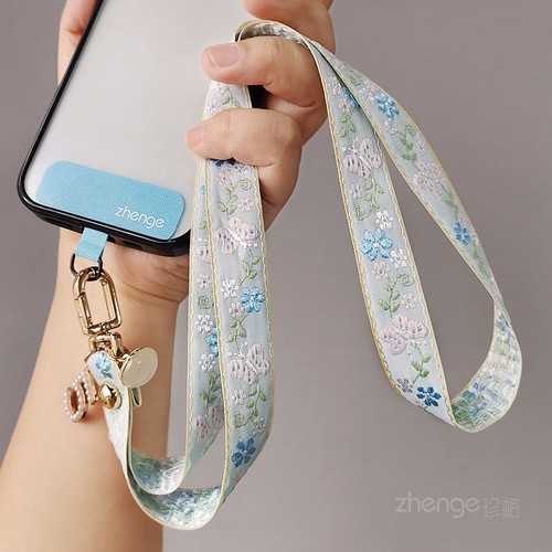 虹客手机挂绳蝶恋花女士刺绣织带挂脖绳长款花纹编织户外旅游防丢电话套壳吊绳宽版通用高级时尚新品轻奢百搭