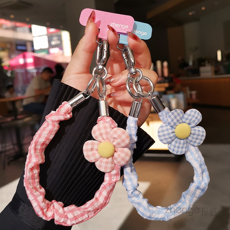 虹客手机挂绳花朵格子布手腕绳短款金属挂扣结实户外旅游行逛街防丢摔手提链带子电话套壳挂件吊绳女时尚新品
