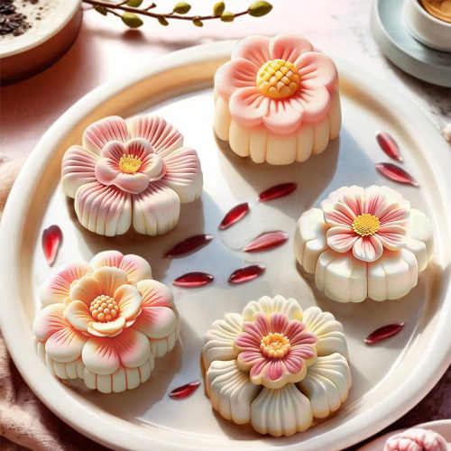 国风花朵冰皮月饼和果子硅胶模具