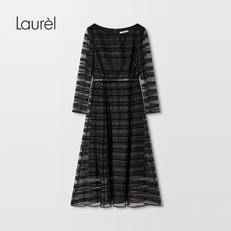 Laurel劳芮25夏新款复古文艺条纹长袖束腰连衣裙女LWD345Y00500
