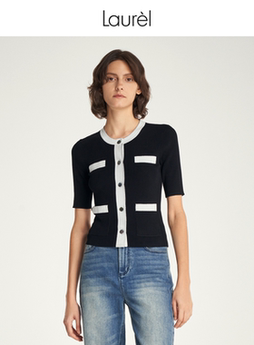 Laurel春夏时尚休闲简约白撞黑单排扣针织衫女LWD343M02000